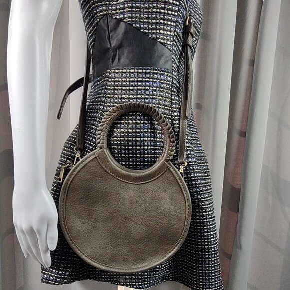 Antik Kraft Round Crossbody Bag Gray Brown Faux Leather Braided Handle - Picture 13 of 14